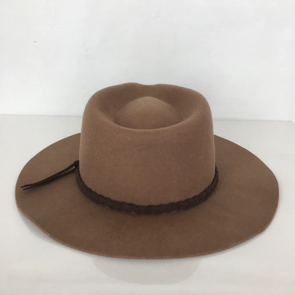 Banana Republic Boho Wool Felt Hat Tan Dark Brown Braided Leather Hat Band